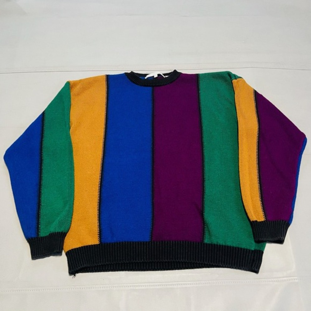 VTG 90s/Y2K Perry Ellis Color Block Stripe Cotton Knit Sweater Men‎ Grandpa-L-